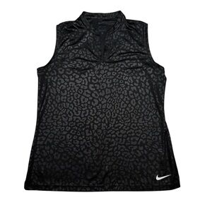 Nike Dri-Fit Jacquard Leopard Animal Printed Golf Polo Shirt Womens Sz Med Black